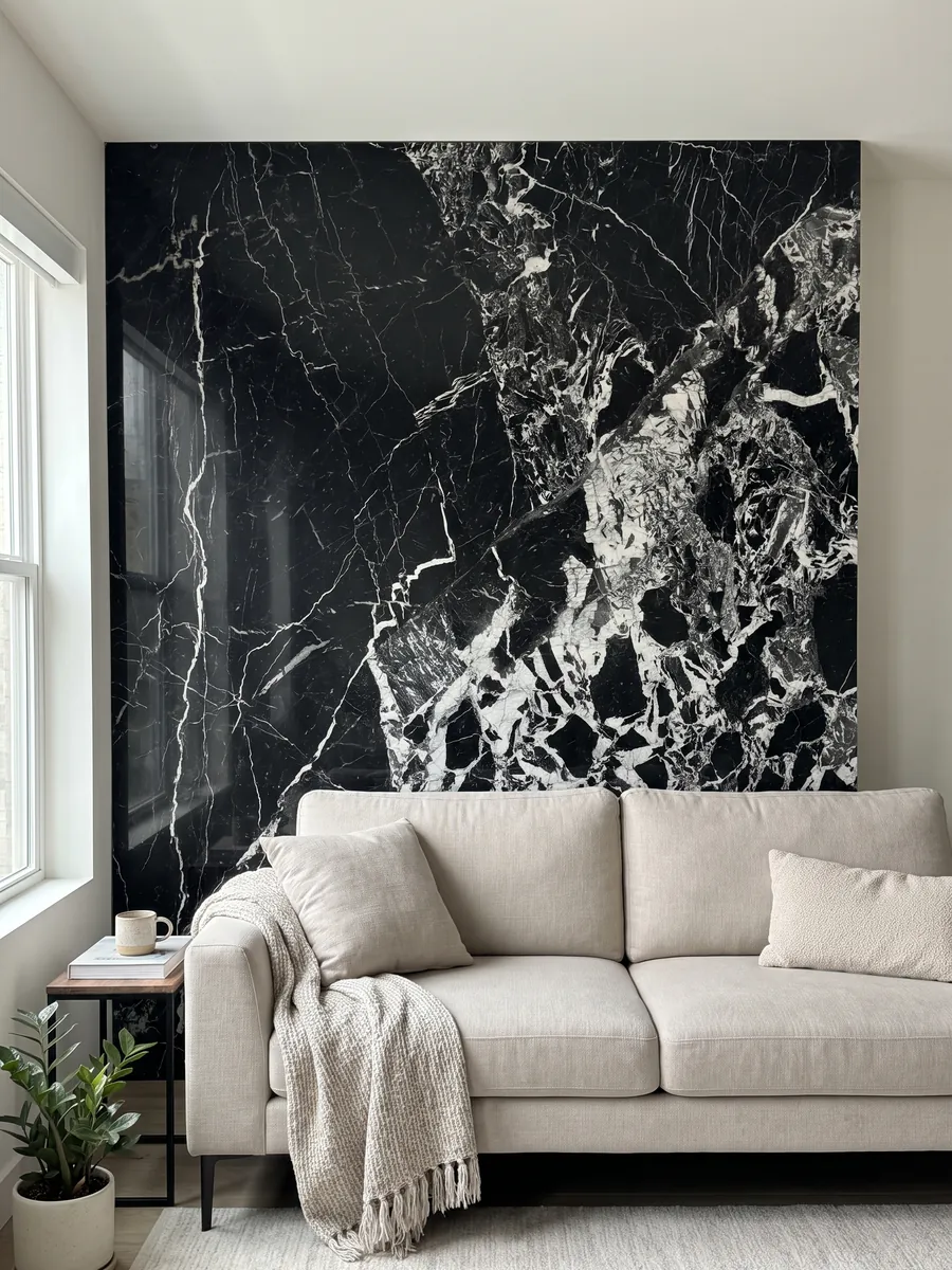 Pared de sala revestida con placas de mármol negro Grand Antique abiertas en libro detrás de un sofá: negro intenso con una zona de fragmentos blancos rotos que ocupa un lado de la placa