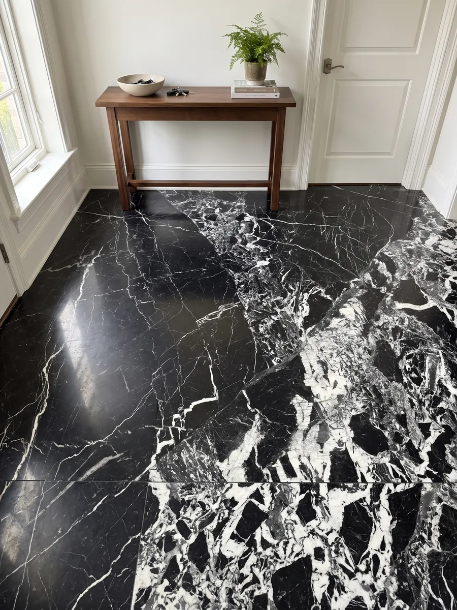 Piso de recibidor en placas grandes de mármol negro Grand Antique con luz natural: negro intenso con una zona de fragmentos blancos rotos que ocupa un lado de la placa