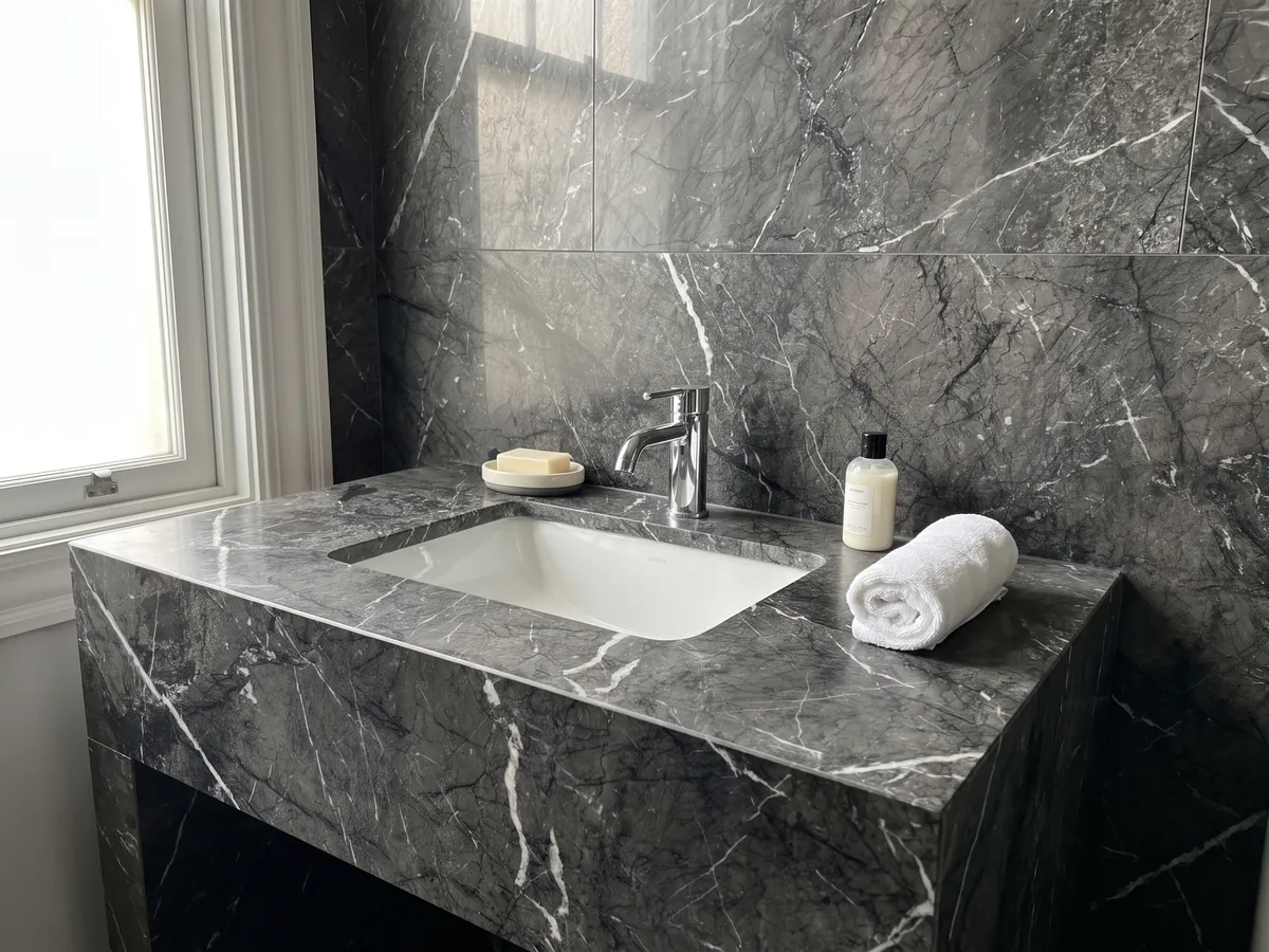 Cubierta de lavabo y pared de baño en mármol negro Grigio Carnico con lavamanos blanco y grifería cromada: negro grisáceo con vetas blancas finas y nítidas que se ramifican