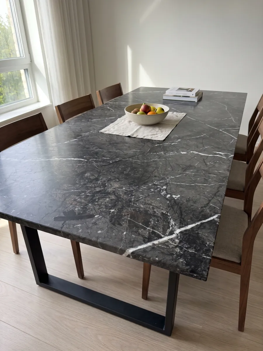 Mesa de comedor con cubierta de mármol negro Grigio Carnico sobre base de acero: negro grisáceo con vetas blancas finas y nítidas que se ramifican