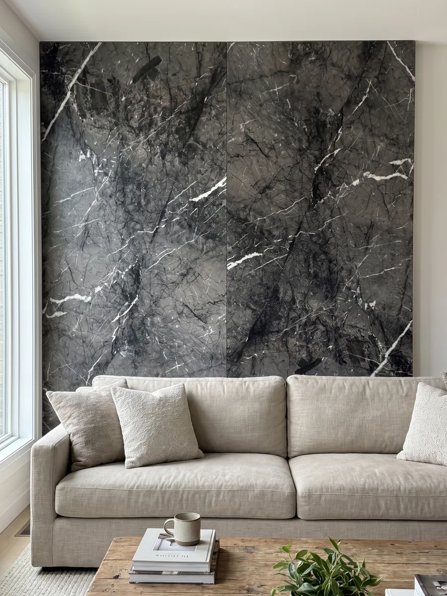 Pared de sala revestida con placas de mármol negro Grigio Carnico abiertas en libro detrás de un sofá: negro grisáceo con vetas blancas finas y nítidas que se ramifican