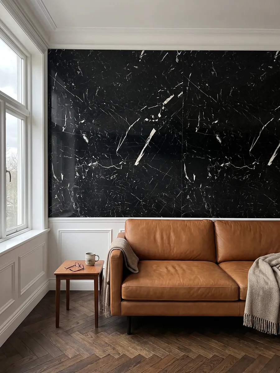 Pared de sala revestida con placas de mármol negro Nero Marquina abiertas en libro detrás de un sofá: negro profundo con pocas vetas blancas finas y rectas