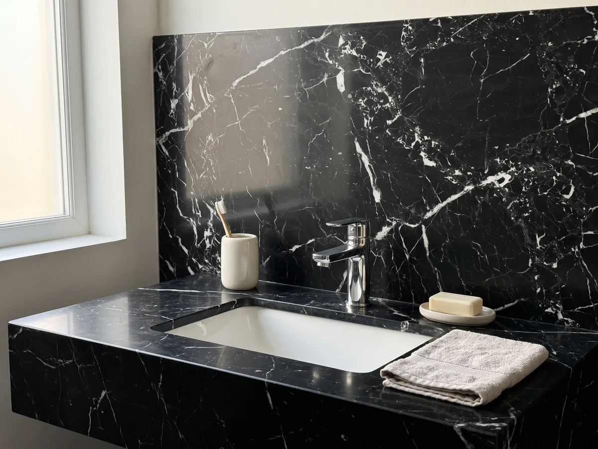 Cubierta de lavabo y pared de baño en mármol negro Napoleon Black con lavamanos blanco y grifería cromada: negro intenso con una red irregular de vetas blancas nítidas