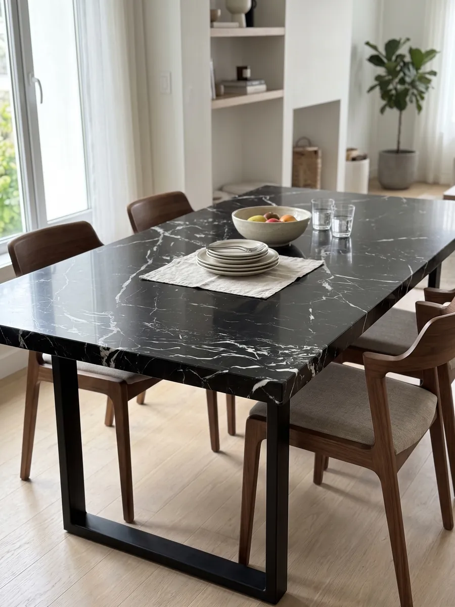 Mesa de comedor con cubierta de mármol negro Napoleon Black sobre base de acero: negro intenso con una red irregular de vetas blancas nítidas