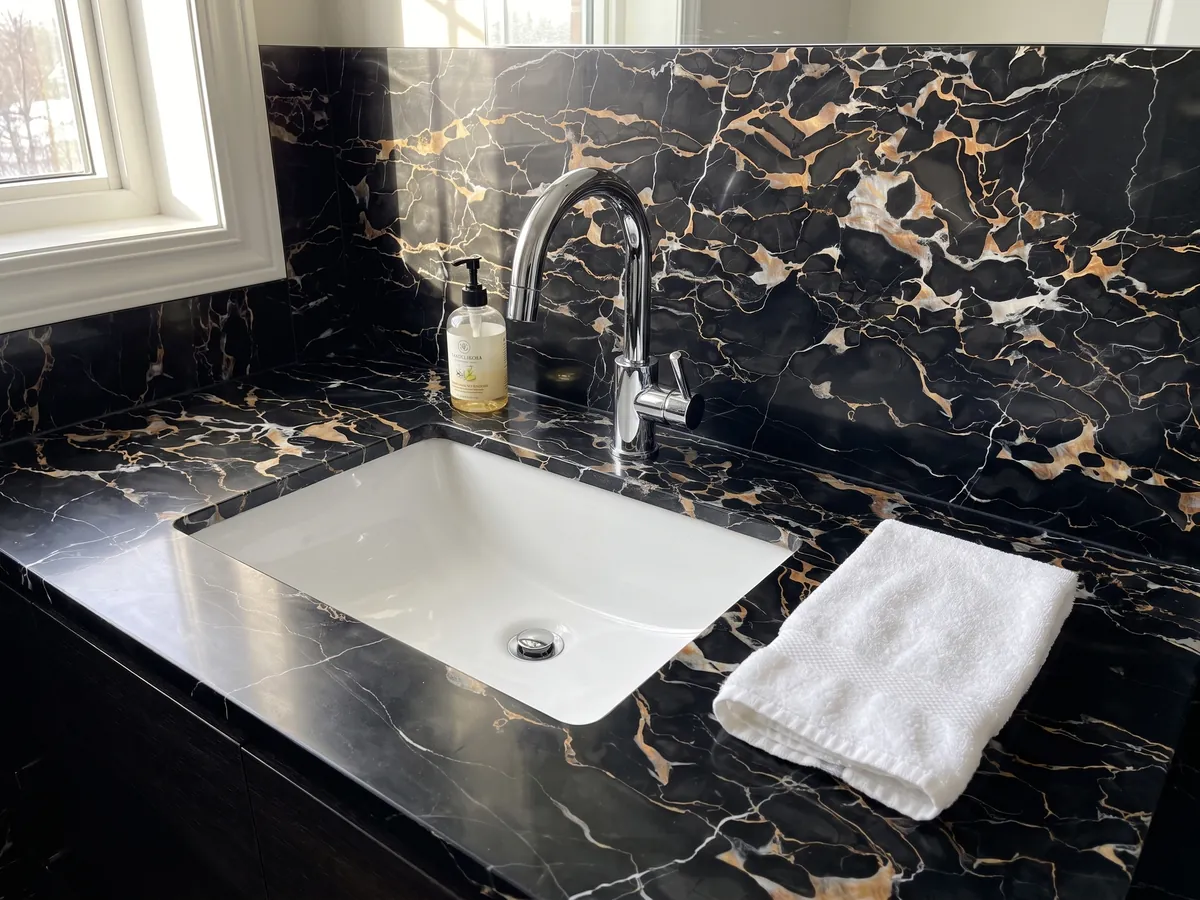 Cubierta de lavabo y pared de baño en mármol negro Nero Portoro con lavamanos blanco y grifería cromada: negro con una red densa de vetas doradas y blancas