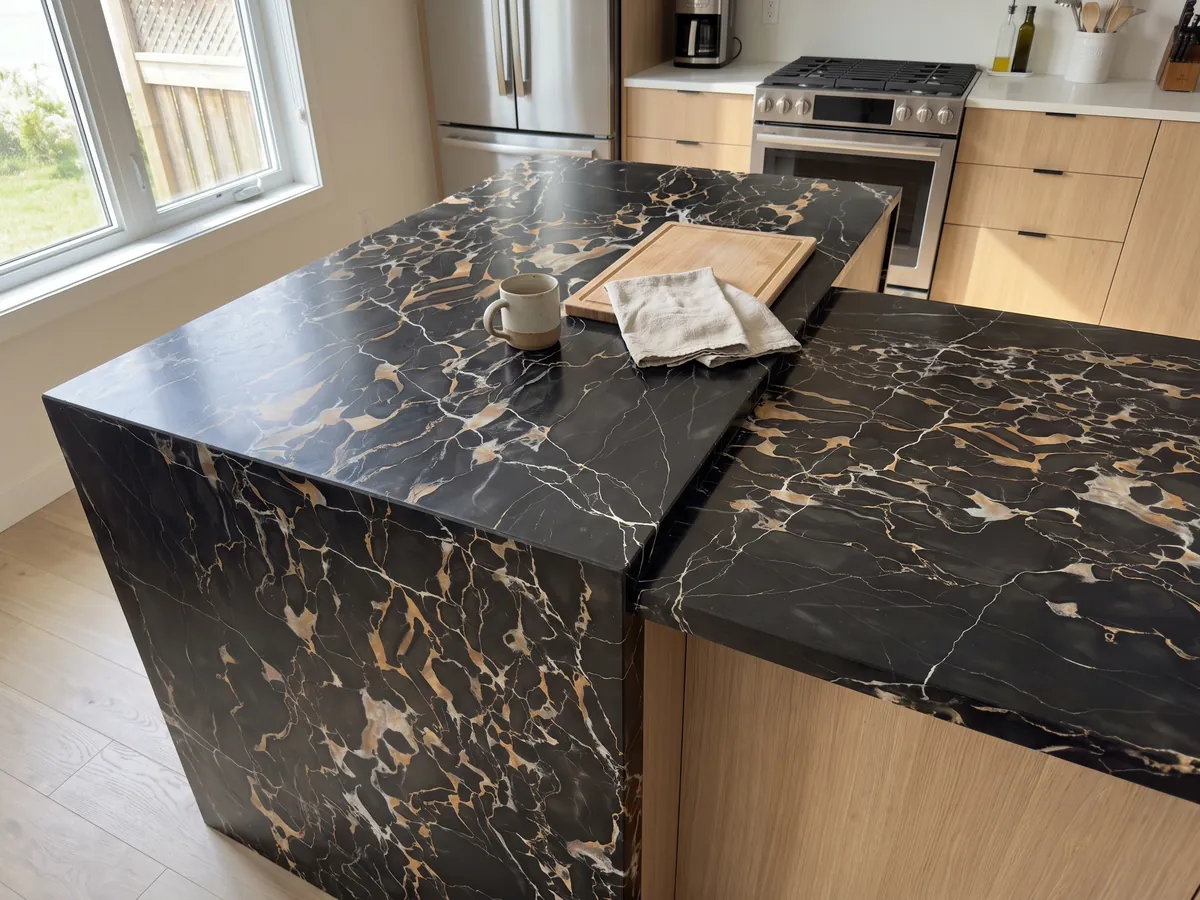 Isla de cocina con cubierta de mármol negro Nero Portoro y canto recto en una cocina con luz natural: negro con una red densa de vetas doradas y blancas