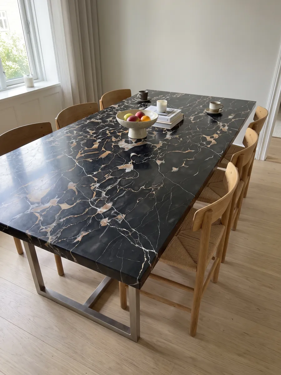Mesa de comedor con cubierta de mármol negro Nero Portoro sobre base de acero: negro con una red densa de vetas doradas y blancas