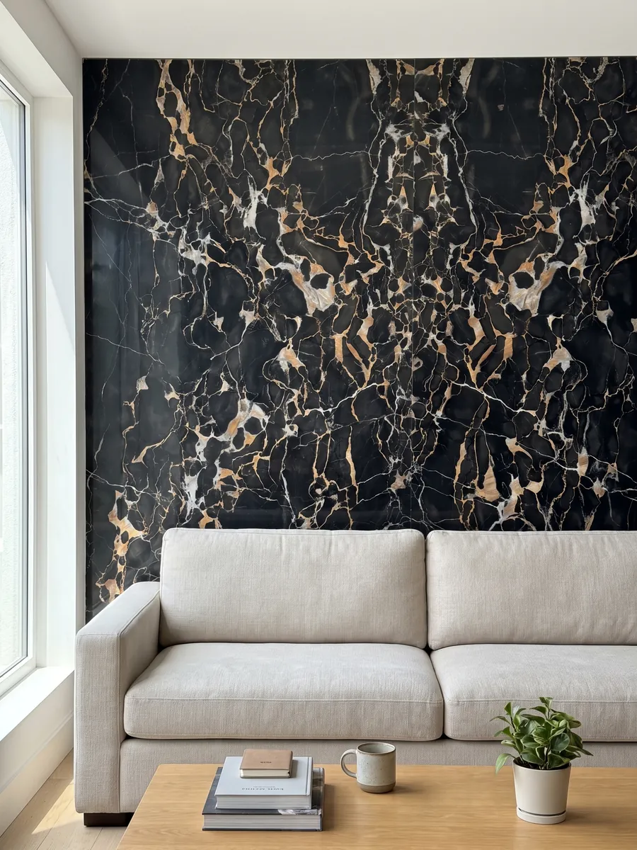 Pared de sala revestida con placas de mármol negro Nero Portoro abiertas en libro detrás de un sofá: negro con una red densa de vetas doradas y blancas