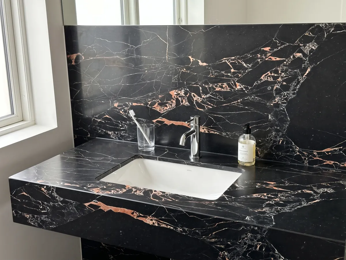 Cubierta de lavabo y pared de baño en mármol negro Orange Black con lavamanos blanco y grifería cromada: negro con vetas blancas finas y manchas naranja salmón agrupadas