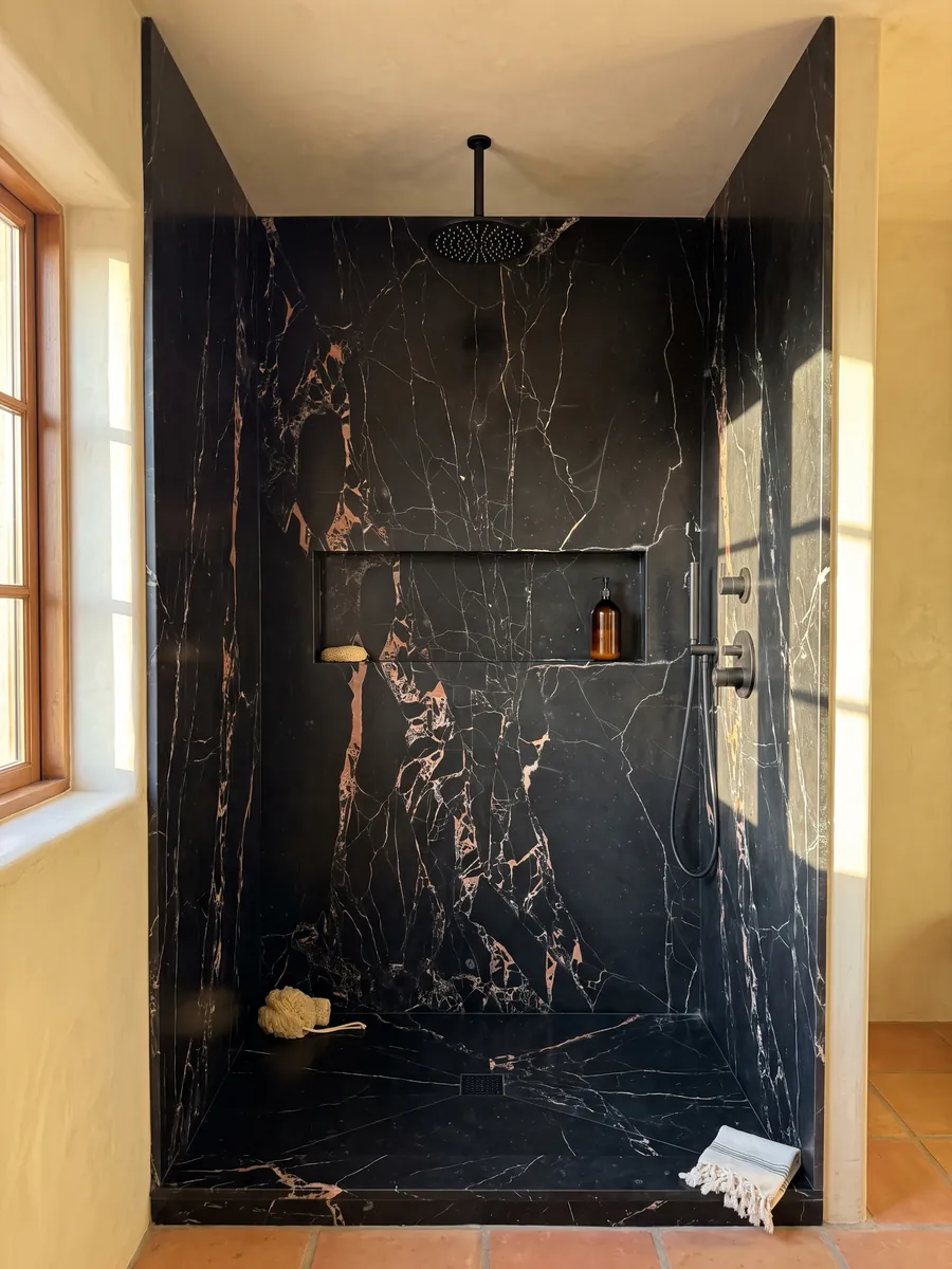 Ducha revestida con placas enteras de mármol negro Orange Black con nicho empotrado: negro con vetas blancas finas y manchas naranja salmón agrupadas