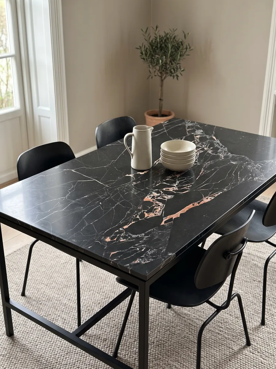 Mesa de comedor con cubierta de mármol negro Orange Black sobre base de acero: negro con vetas blancas finas y manchas naranja salmón agrupadas