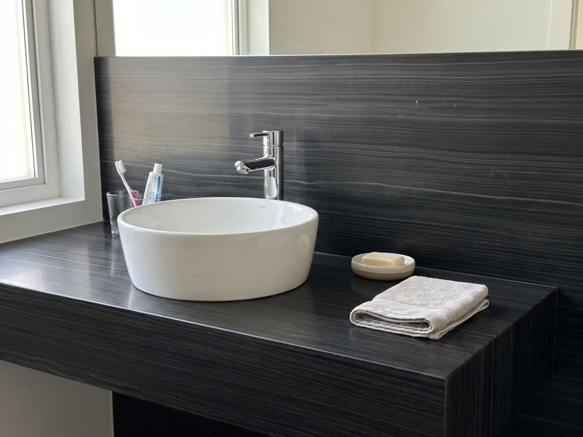 Cubierta de lavabo y pared de baño en Mármol Negro Pagoda con lavamanos blanco y grifería cromada: negro con finas líneas grises horizontales y paralelas, casi como madera