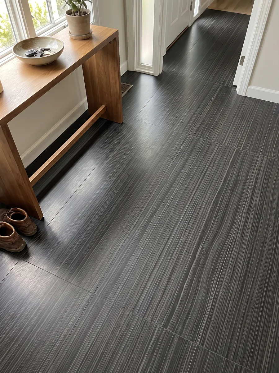 Piso de recibidor en placas grandes de Mármol Negro Pagoda con luz natural: negro con finas líneas grises horizontales y paralelas, casi como madera