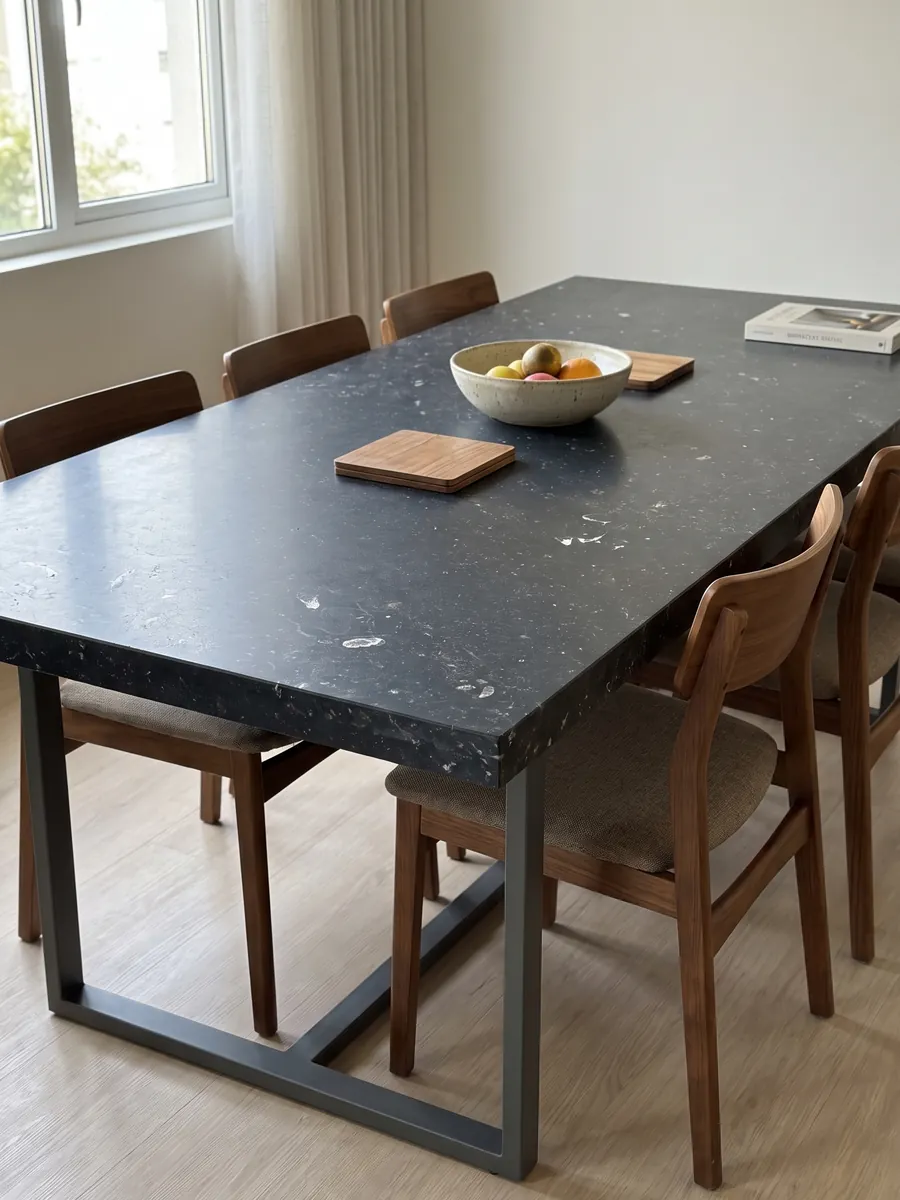 Mesa de comedor con cubierta de mármol negro Pierre Bleu sobre base de acero: negro azulado con pequeñas motas claras dispersas