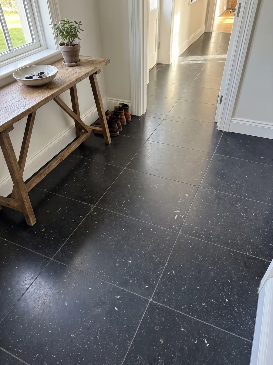 Piso de recibidor en placas grandes de mármol negro Pierre Bleu con luz natural: negro azulado con pequeñas motas claras dispersas