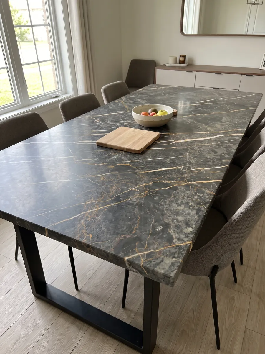 Mesa de comedor con cubierta de mármol negro Port Laurent sobre base de acero: gris carbón con vetas doradas y blancas paralelas en diagonal