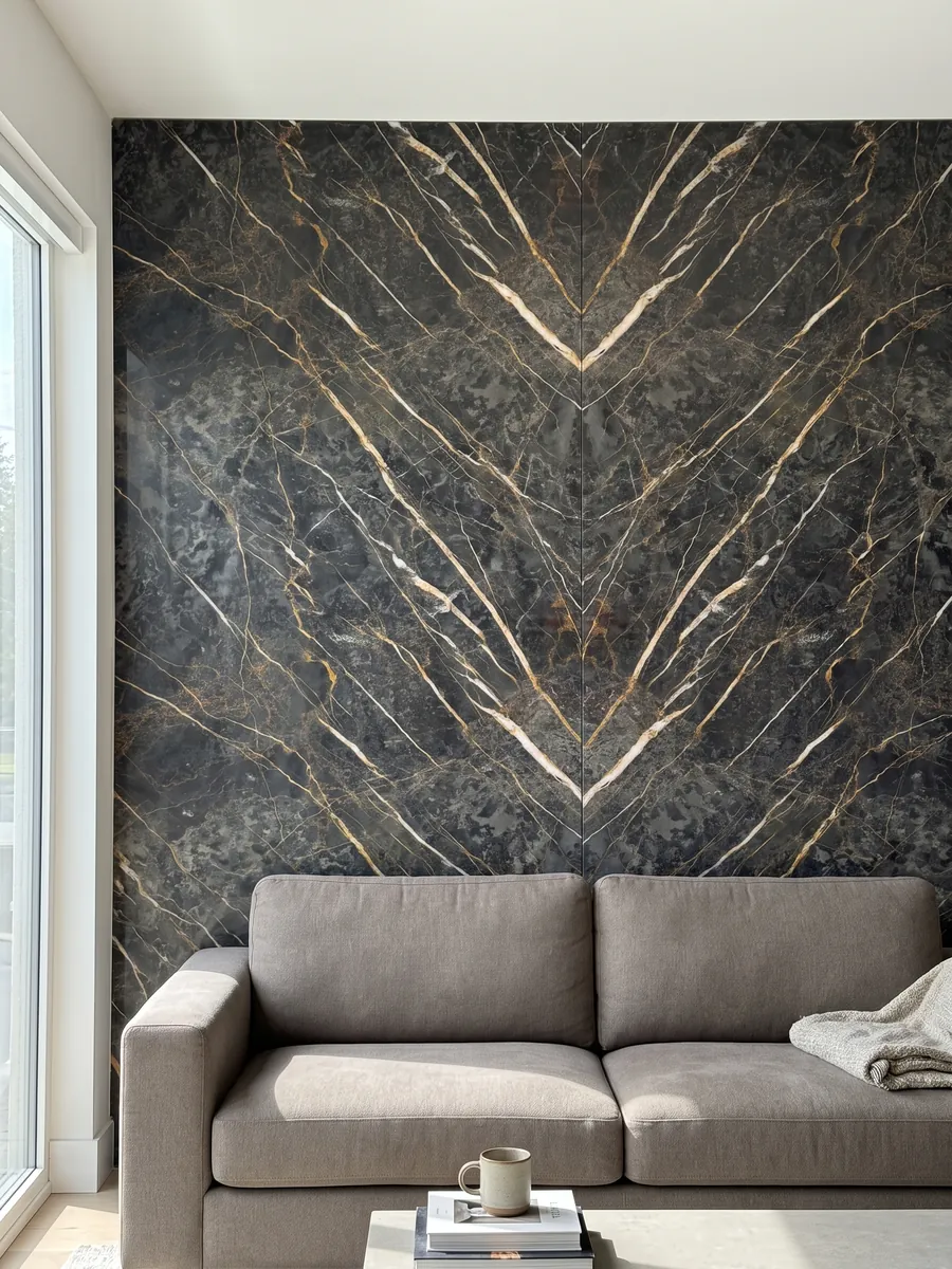 Pared de sala revestida con placas de mármol negro Port Laurent abiertas en libro detrás de un sofá: gris carbón con vetas doradas y blancas paralelas en diagonal