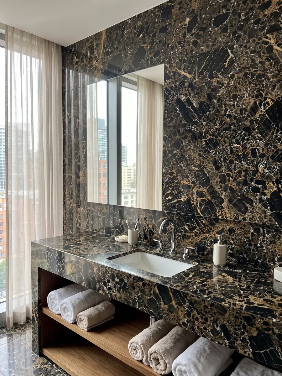 Cubierta de lavabo y pared de baño en mármol negro Portoro con lavamanos blanco y grifería cromada: fragmentos negros envueltos por una red densa de vetas doradas y blancas