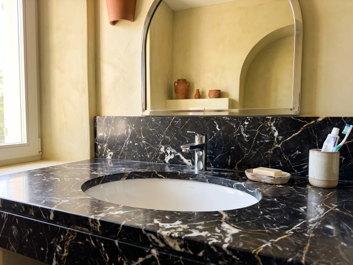 Cubierta de lavabo y pared de baño en mármol negro Prometeus con lavamanos blanco y grifería cromada: negro con vetas blancas y doradas cruzadas y algunos remolinos blancos
