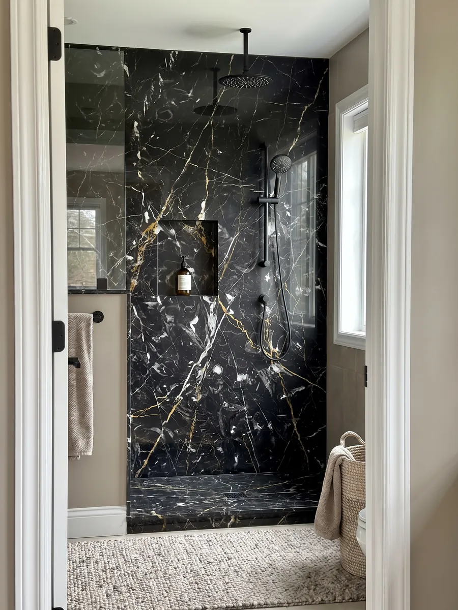 Ducha revestida con placas enteras de mármol negro Prometeus con nicho empotrado: negro con vetas blancas y doradas cruzadas y algunos remolinos blancos