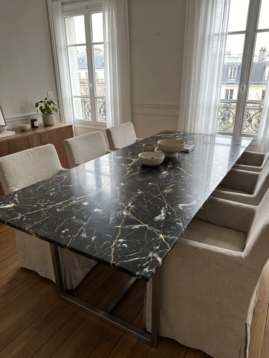 Mesa de comedor con cubierta de mármol negro Prometeus sobre base de acero: negro con vetas blancas y doradas cruzadas y algunos remolinos blancos