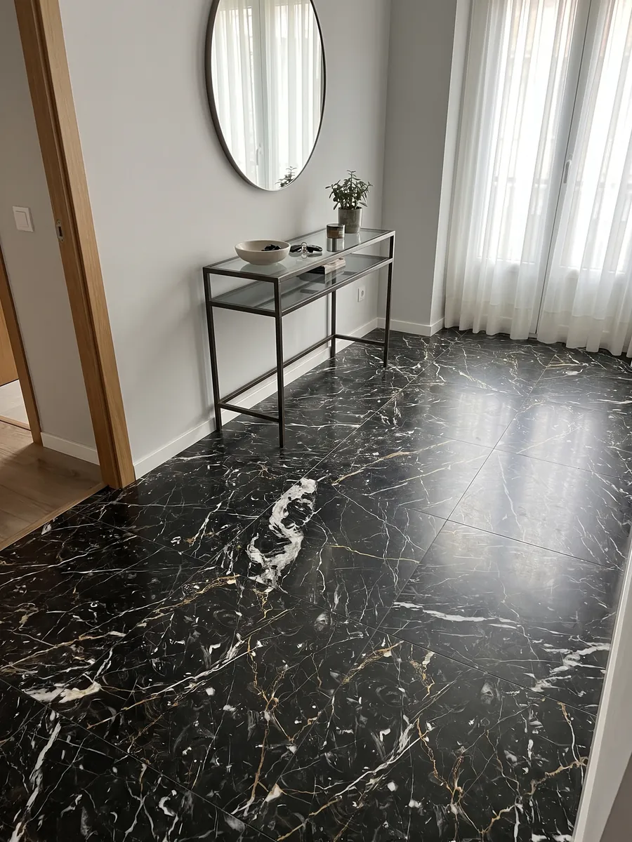 Piso de recibidor en placas grandes de mármol negro Prometeus con luz natural: negro con vetas blancas y doradas cruzadas y algunos remolinos blancos