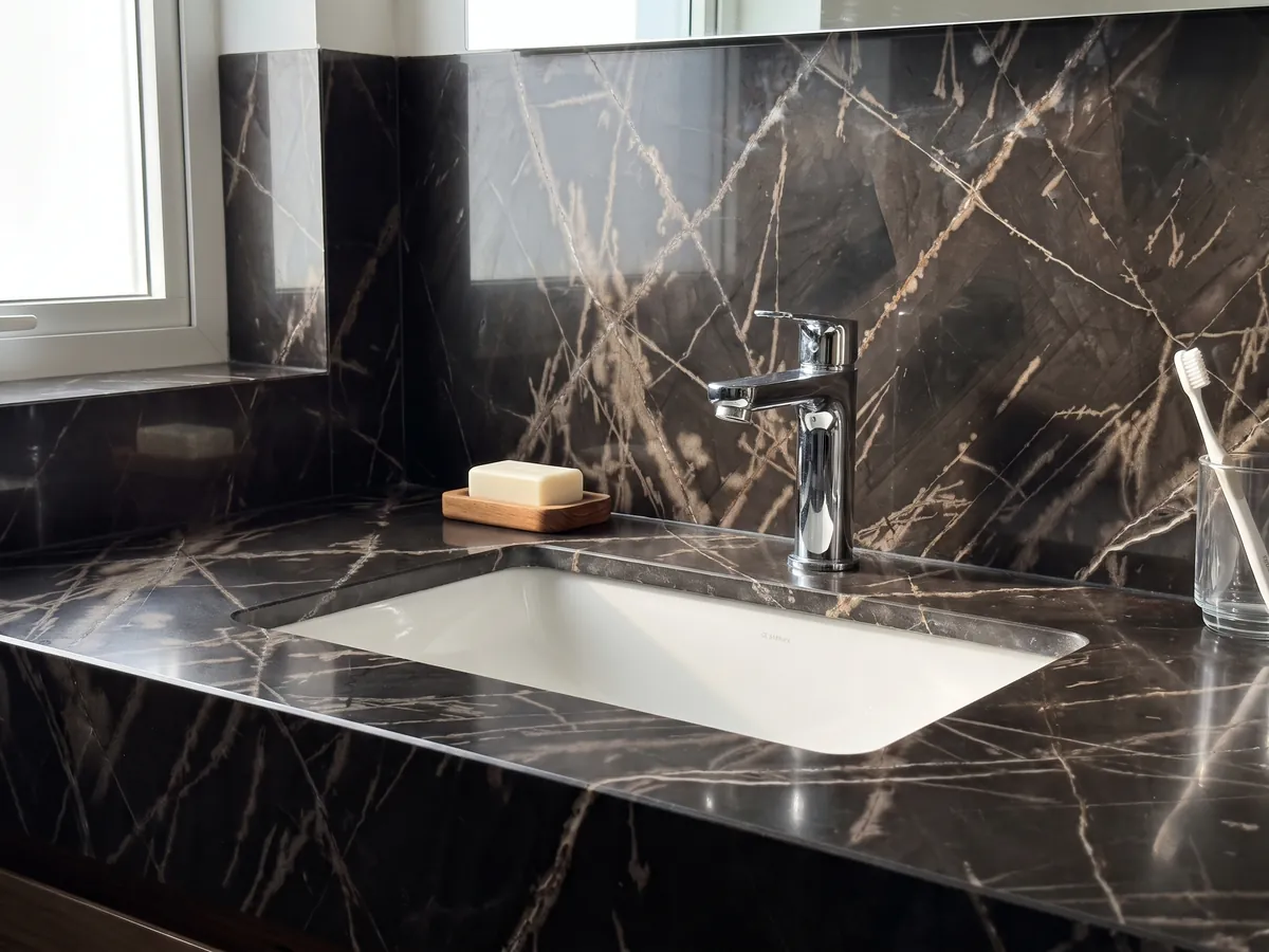 Cubierta de lavabo y pared de baño en mármol negro Sahara Bronze con lavamanos blanco y grifería cromada: fondo negro amarronado con vetas color bronce finas y cruzadas