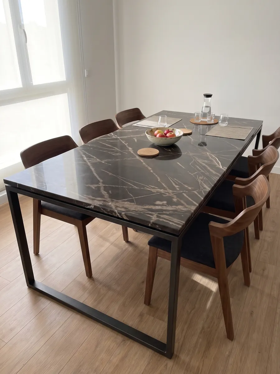 Mesa de comedor con cubierta de mármol negro Sahara Bronze sobre base de acero: fondo negro amarronado con vetas color bronce finas y cruzadas