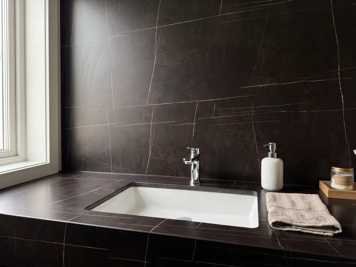Cubierta de lavabo y pared de baño en mármol negro Sahara Noir con lavamanos blanco y grifería cromada: negro amarronado con líneas doradas muy finas, rectas y escasas