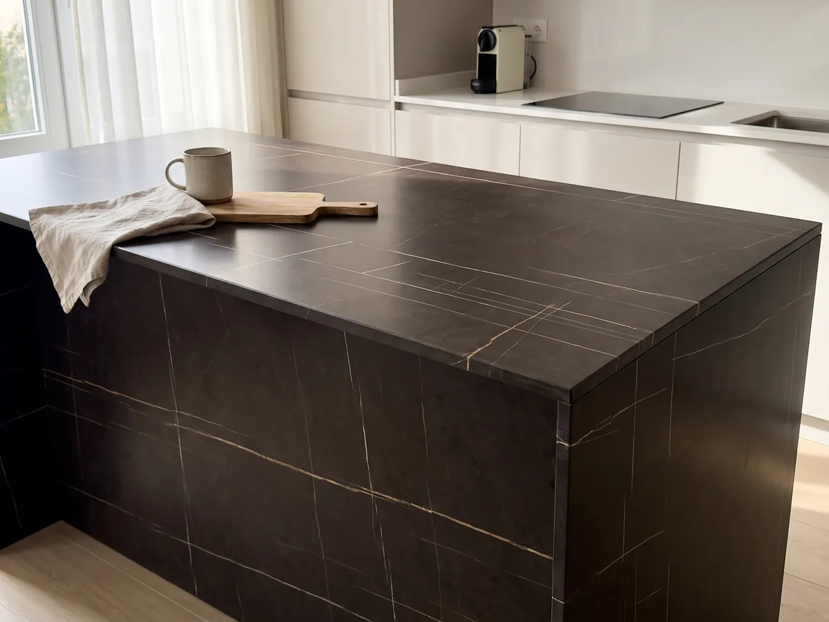 Isla de cocina con cubierta de mármol negro Sahara Noir y canto recto en una cocina con luz natural: negro amarronado con líneas doradas muy finas, rectas y escasas