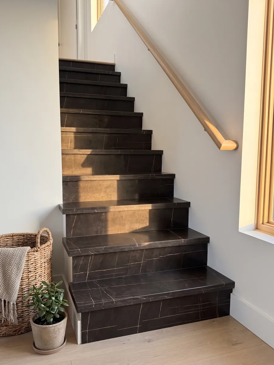 Escalera interior con peldaños de mármol negro Sahara Noir con pasamanos: negro amarronado con líneas doradas muy finas, rectas y escasas