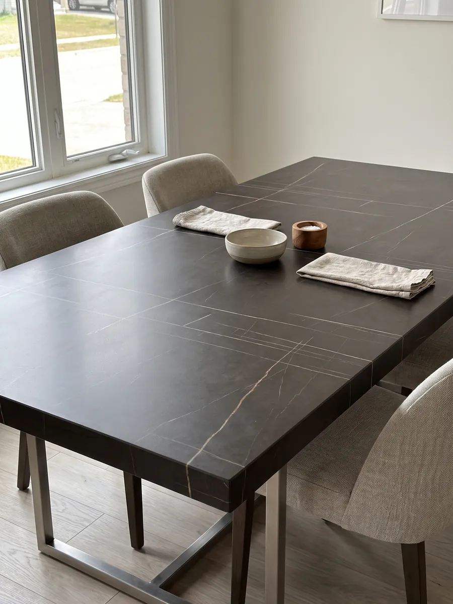 Mesa de comedor con cubierta de mármol negro Sahara Noir sobre base de acero: negro amarronado con líneas doradas muy finas, rectas y escasas