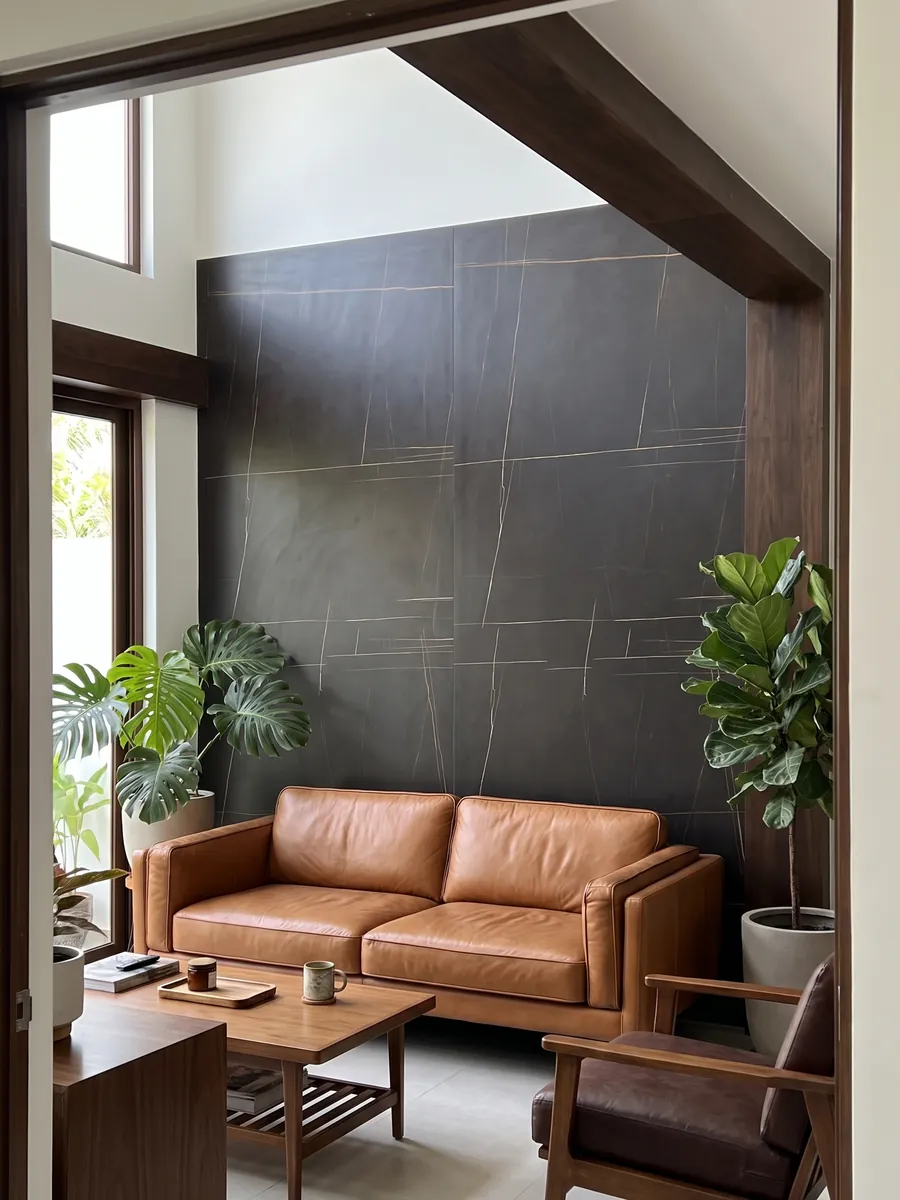 Pared de sala revestida con placas de mármol negro Sahara Noir abiertas en libro detrás de un sofá: negro amarronado con líneas doradas muy finas, rectas y escasas