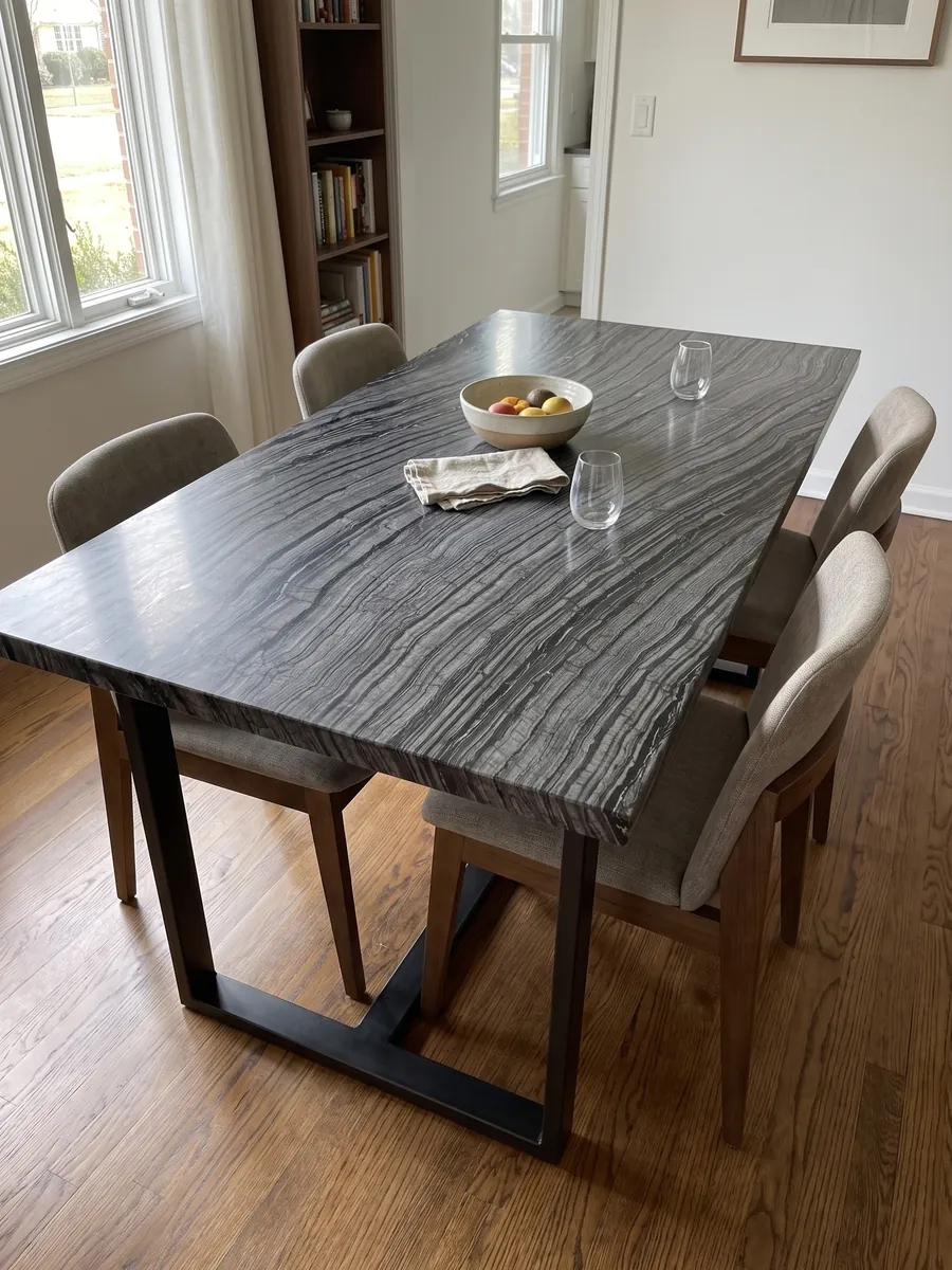 Mesa de comedor con cubierta de mármol negro Zebrato sobre base de acero: negro con rayas finas onduladas grises que corren en diagonal, efecto de corteza