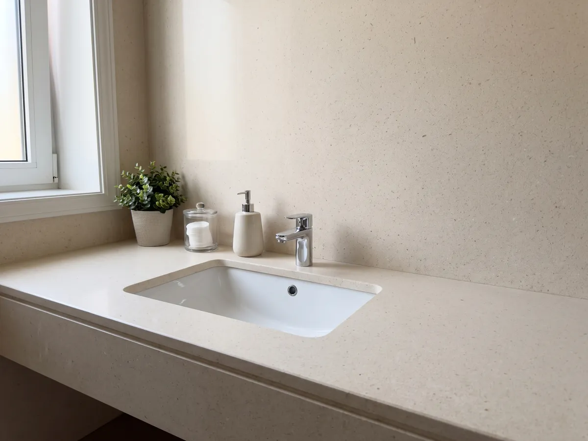 Cubierta de lavabo y pared de baño en Mármol New Marfil con lavamanos blanco y grifería cromada: crema claro muy uniforme con grano fino y sin vetas
