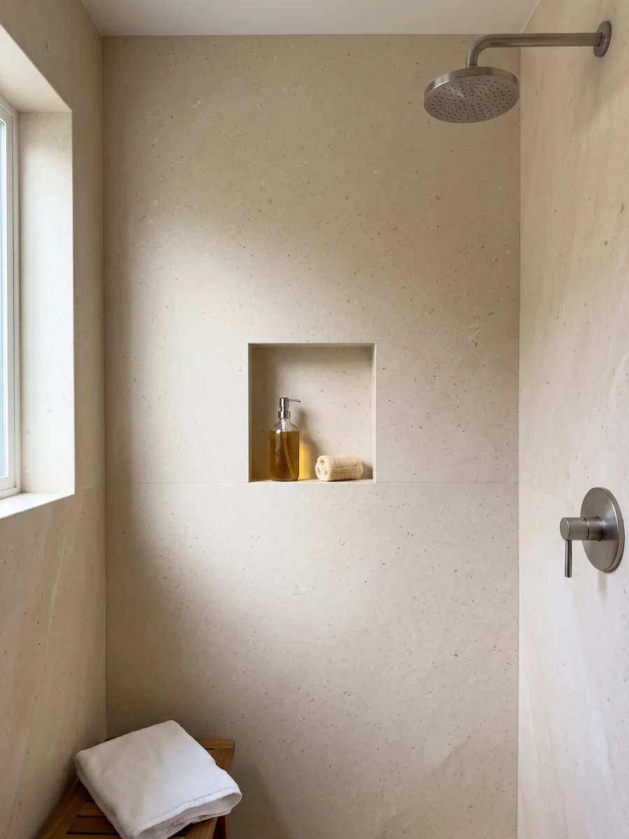 Ducha revestida con placas enteras de Mármol New Marfil con nicho empotrado: crema claro muy uniforme con grano fino y sin vetas