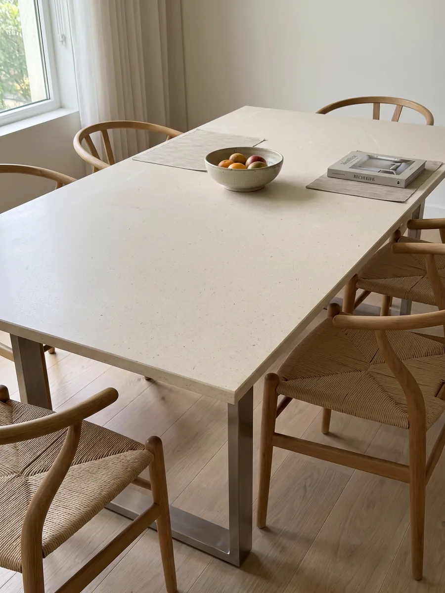 Mesa de comedor con cubierta de Mármol New Marfil sobre base de acero: crema claro muy uniforme con grano fino y sin vetas