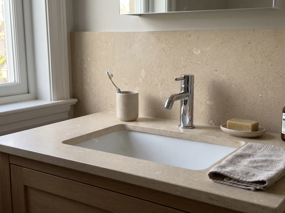 Cubierta de lavabo y pared de baño en Mármol Pietra di Vicenza Blanca con lavamanos blanco y grifería cromada: beige arena de grano visible, con pequeños fragmentos claros