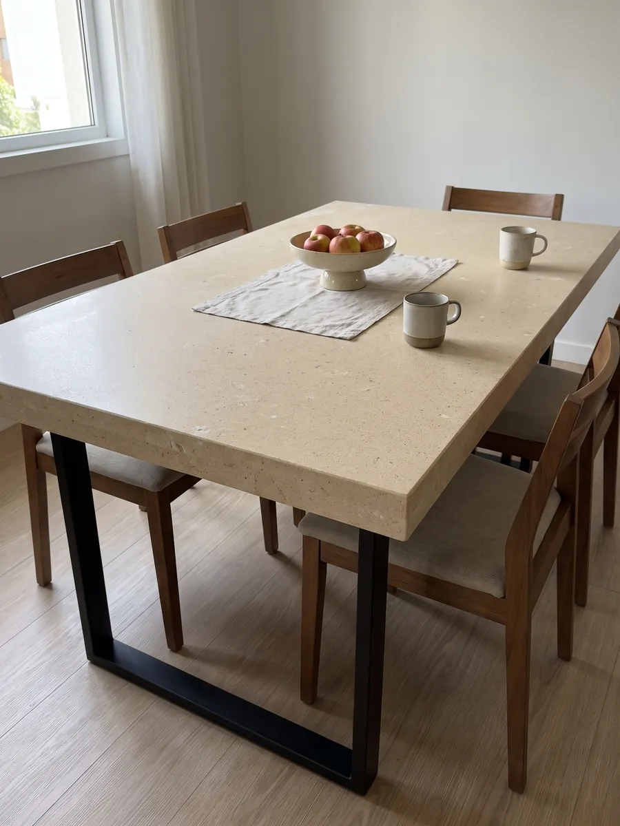 Mesa de comedor con cubierta de Mármol Pietra di Vicenza Blanca sobre base de acero: beige arena de grano visible, con pequeños fragmentos claros