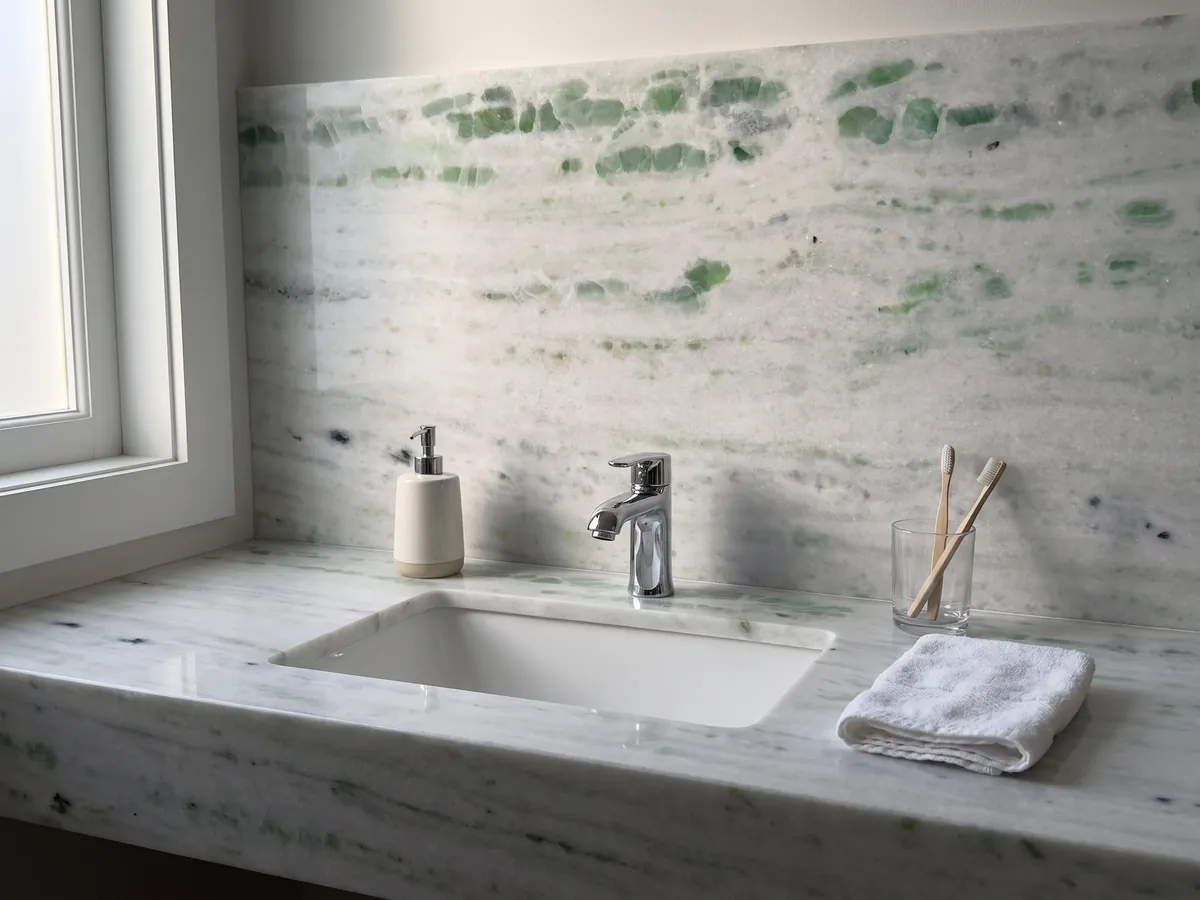 Cubierta de lavabo y pared de baño en Mármol Pinta Verde con lavamanos blanco y grifería cromada: blanco con franjas horizontales salpicadas de manchas verde esmeralda