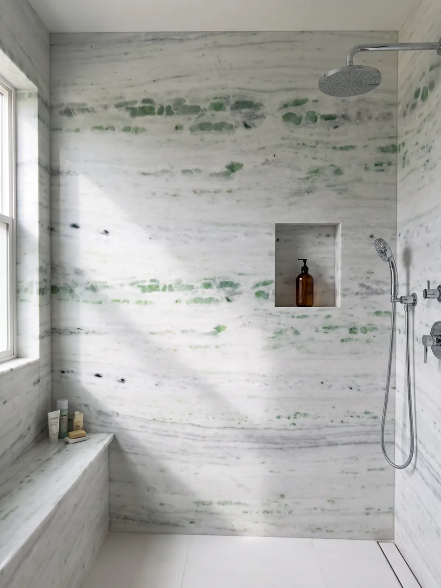 Ducha revestida con placas enteras de Mármol Pinta Verde con nicho empotrado: blanco con franjas horizontales salpicadas de manchas verde esmeralda