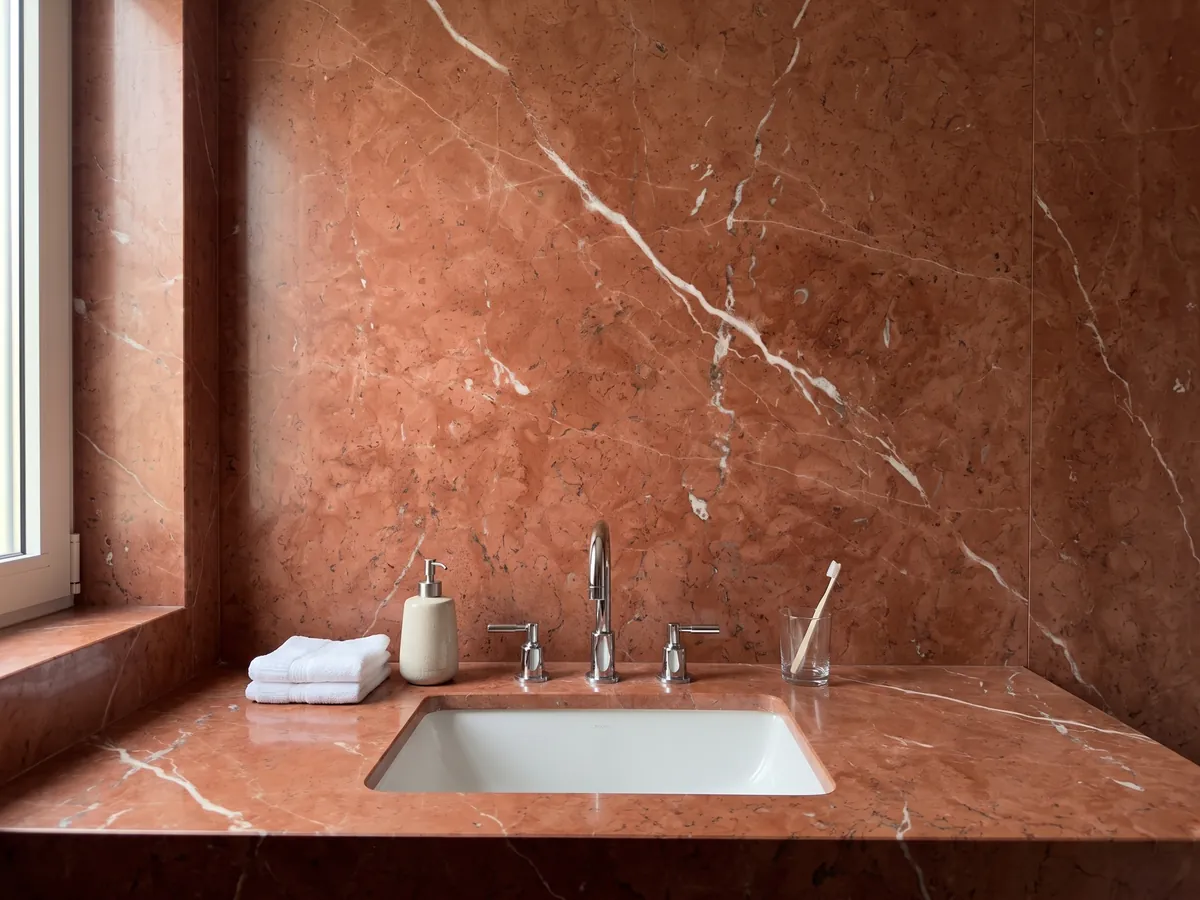 Cubierta de lavabo y pared de baño en Mármol Rojo Alicante con lavamanos blanco y grifería cromada: rojo terracota parejo cruzado por pocas vetas blancas en diagonal