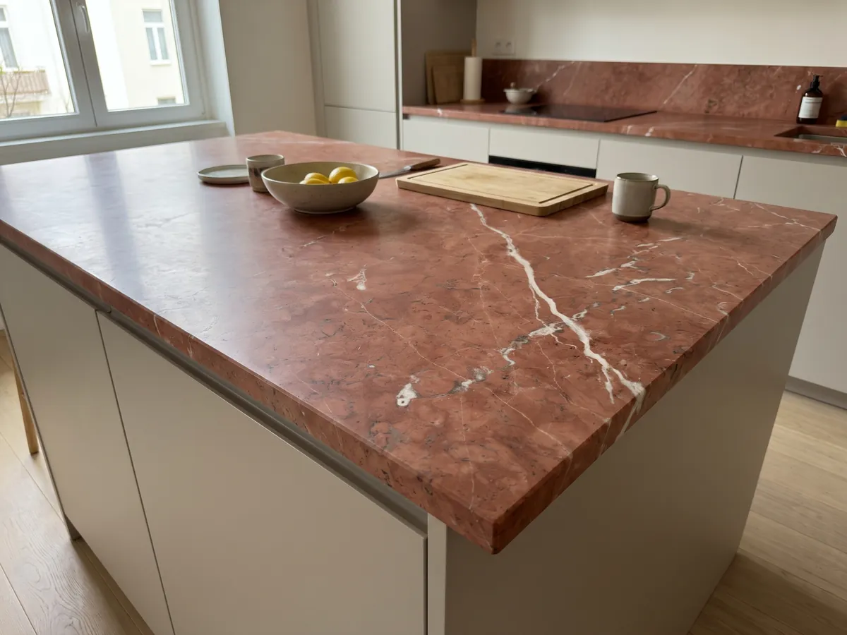 Isla de cocina con cubierta de Mármol Rojo Alicante y canto recto en una cocina con luz natural: rojo terracota parejo cruzado por pocas vetas blancas en diagonal