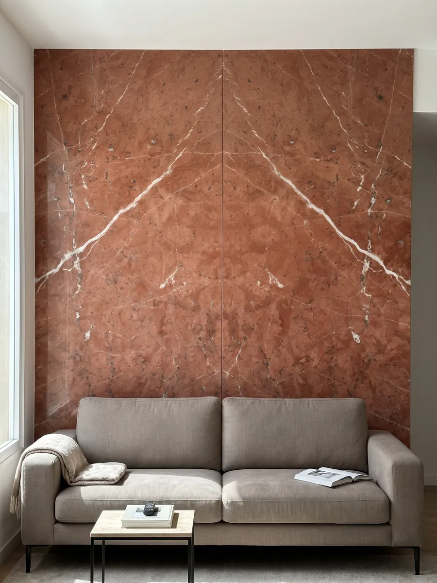 Pared de sala revestida con placas de Mármol Rojo Alicante abiertas en libro detrás de un sofá: rojo terracota parejo cruzado por pocas vetas blancas en diagonal