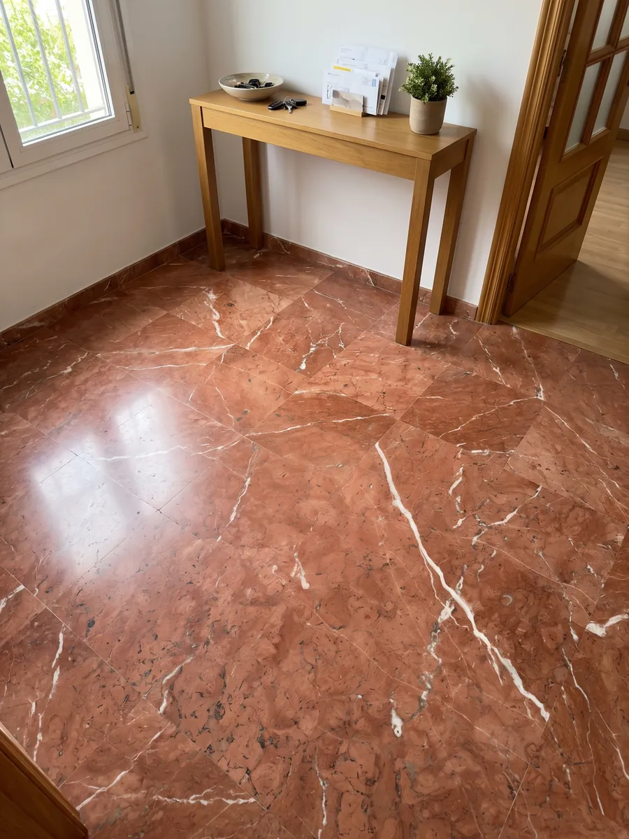 Piso de recibidor en placas grandes de Mármol Rojo Alicante con luz natural: rojo terracota parejo cruzado por pocas vetas blancas en diagonal