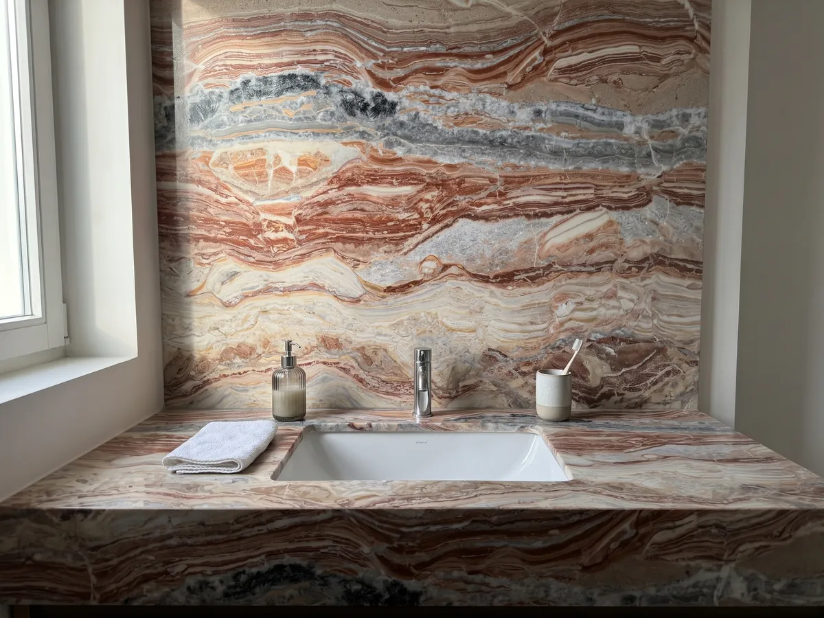 Cubierta de lavabo y pared de baño en mármol rojo Arabescato Rosso con lavamanos blanco y grifería cromada: bandas horizontales onduladas rojo ladrillo, crema y gris, con manchas negras arriba
