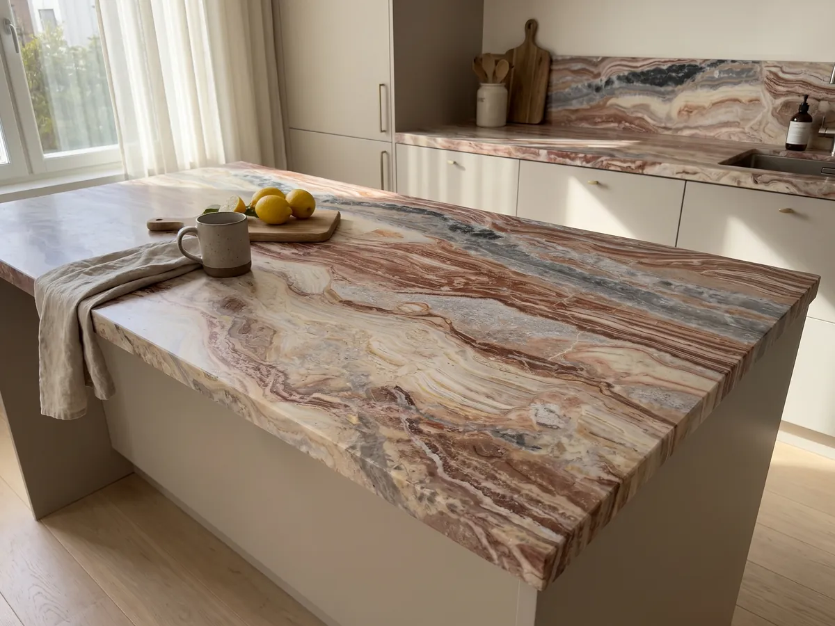 Isla de cocina con cubierta de mármol rojo Arabescato Rosso y canto recto en una cocina con luz natural: bandas horizontales onduladas rojo ladrillo, crema y gris, con manchas negras arriba