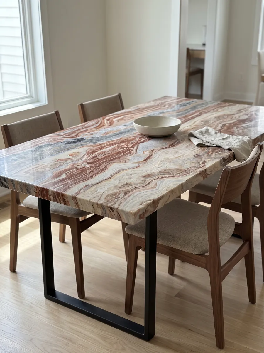 Mesa de comedor con cubierta de mármol rojo Arabescato Rosso sobre base de acero: bandas horizontales onduladas rojo ladrillo, crema y gris, con manchas negras arriba