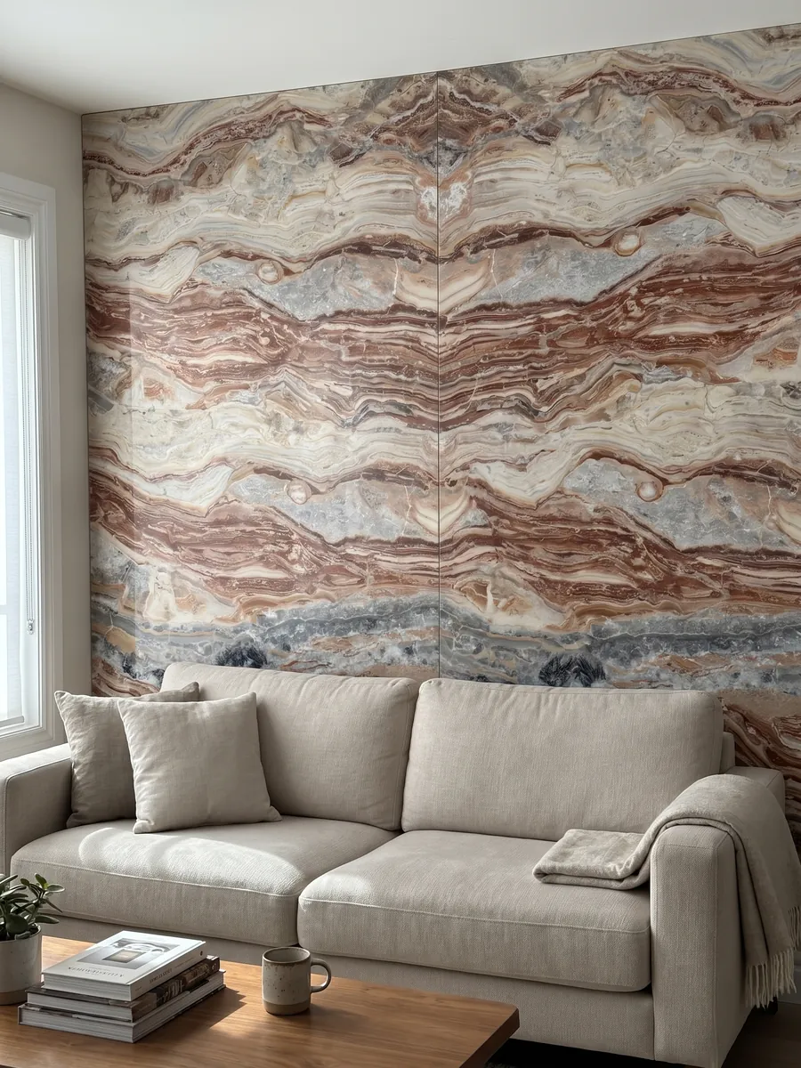 Pared de sala revestida con placas de mármol rojo Arabescato Rosso abiertas en libro detrás de un sofá: bandas horizontales onduladas rojo ladrillo, crema y gris, con manchas negras arriba