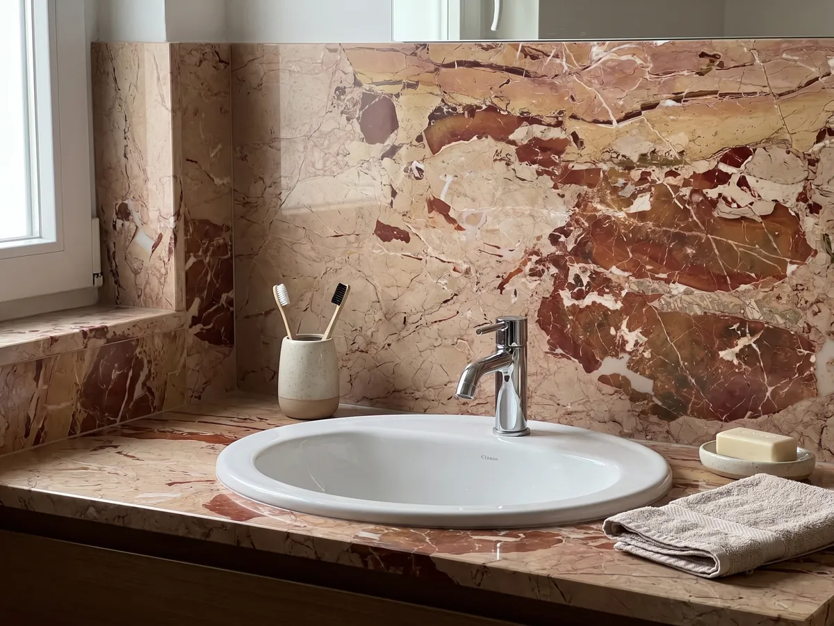Cubierta de lavabo y pared de baño en mármol rojo Arlecchino con lavamanos blanco y grifería cromada: grandes manchas rojo óxido sobre beige rosado, cruzadas por vetas blancas finas